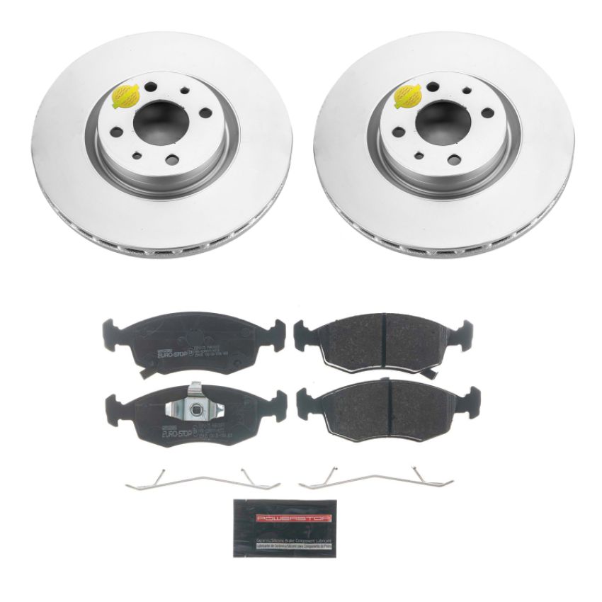 PowerStop ESK7168 Genuine Geomet Coated Rotors, ECE-R90 Brake Pads + Hardware Kit