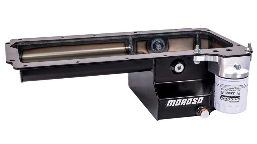Moroso 20159 GM LS Early F-Body (Road Race) Spin-On Filter Drain Back Rear Sump Steel Oil Pan - Black
