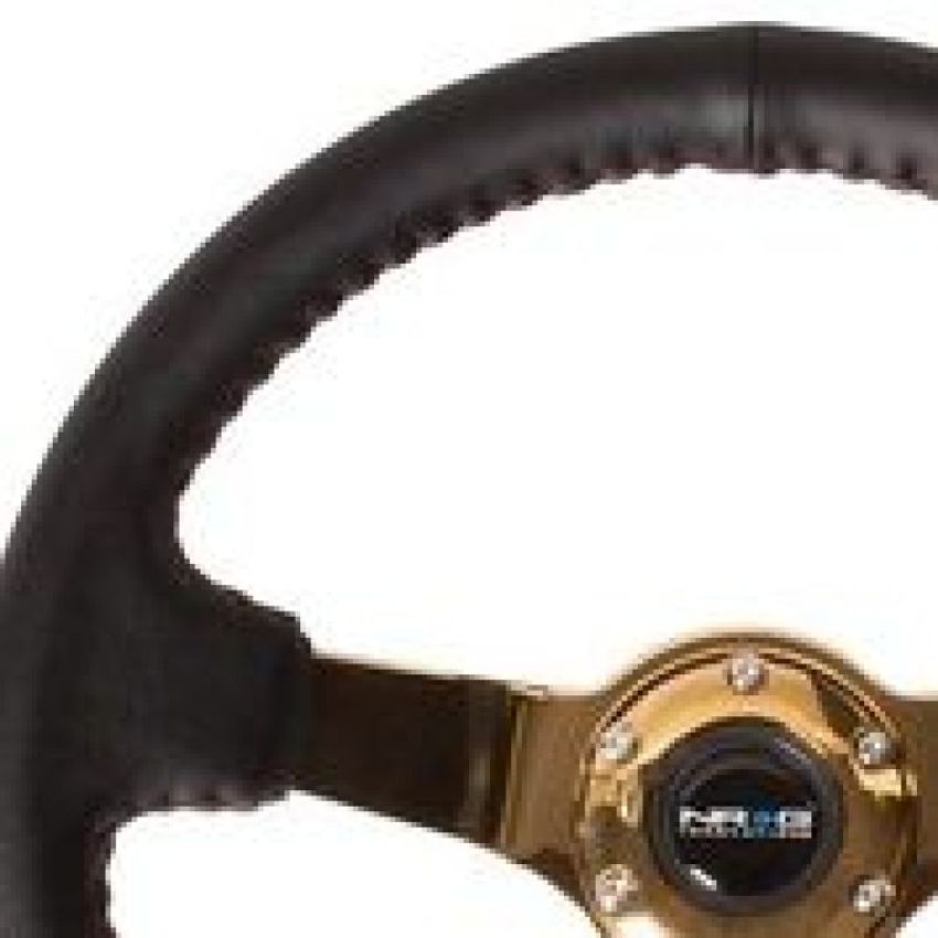 NRG RST-036CG Reinforced Steering Wheel (3in Deep / 4mm) 350mm Blk Leather w/Red BBall Stitch & Gold Spoke
