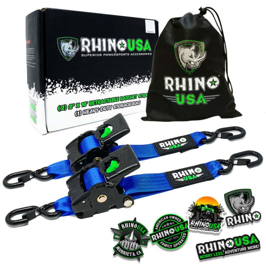 Rhino USA TD-RSRE2X10-BLU Retractable Ratchet Straps (2Pk 2Inx10Ft) Blue