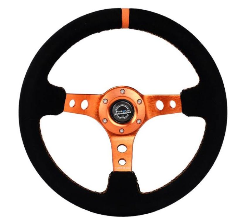 NRG RST-006S-OR Reinforced Steering Wheel (350mm/ 3in. Deep) Black Suede/ Orange Center Mark/ Orange Stitching