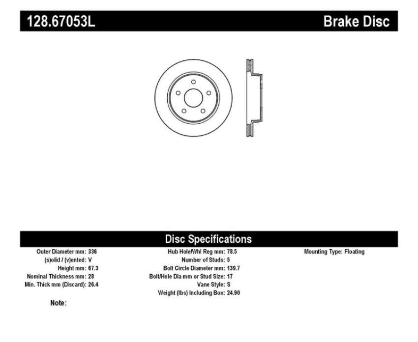 Stoptech 128.67053L Drilled Sport Brake Rotor