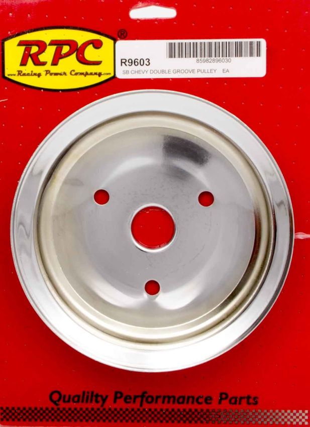 RACING POWER CO-PACKAGED RPCR9603 SBC 2GROOVE CRANK PULLEY SHORT PUMP CHROME