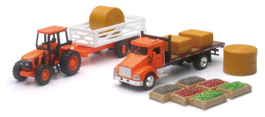 New Ray Toys SS-15815A Kubota Farm Tractor Play Set with Truck, Trailer, Crates and Haybales/ Scale - 1:32