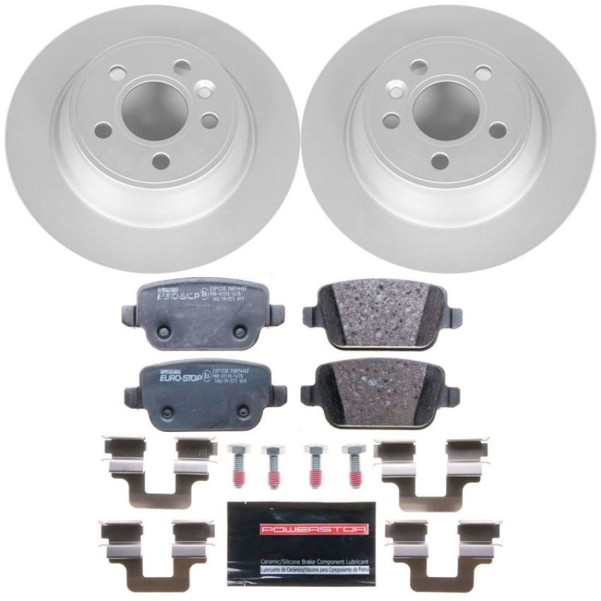 PowerStop ESK5341 Genuine Geomet Coated Rotors, ECE-R90 Brake Pads + Hardware Kit