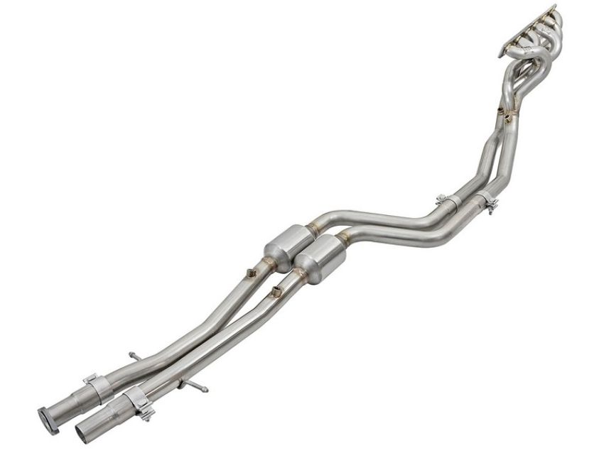 aFe Power 48-36316-YC Twisted Steel Long Tube Header & Mid Pipe 304 Stainless Steel w/ Cat