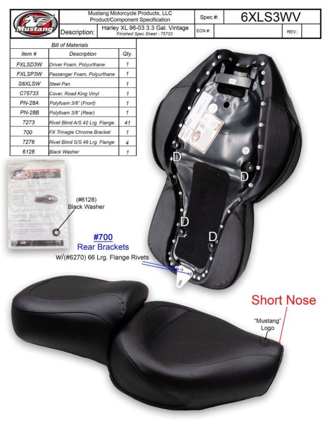 Mustang Motorcycle 75733 Mustang 96-03 Harley Sportster 3.3 Gal Vintage Touring-XIS 1PC Seat - Blackl