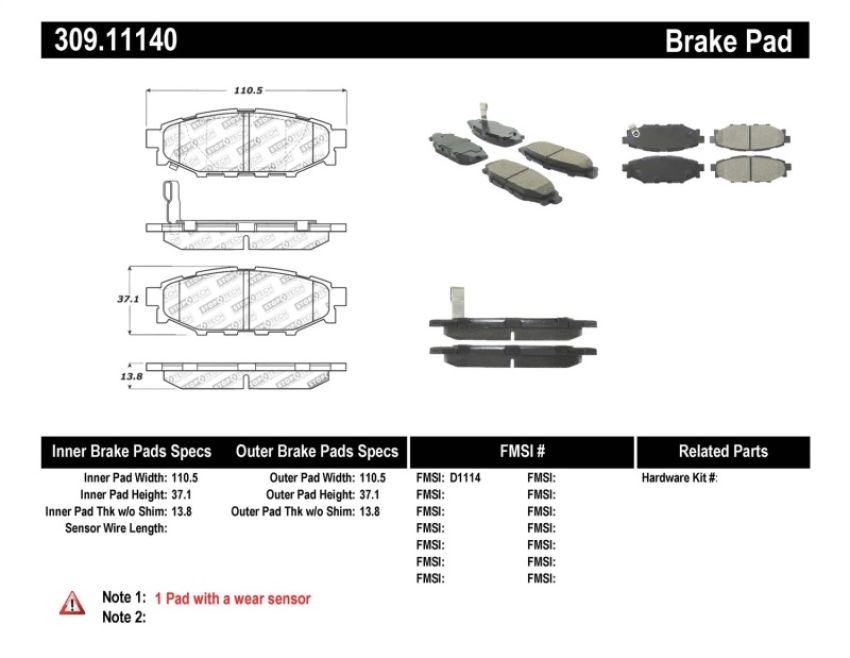 Stoptech 309.11140 Performance 08-10 WRX Rear Brake Pads