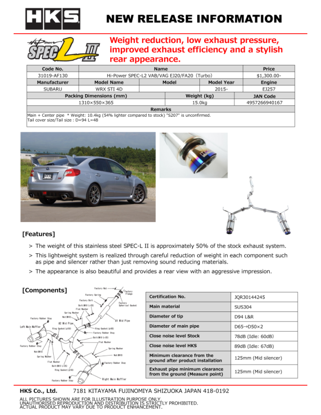 HKS 31019-AF130 Hi-Power SPEC-L2 VAB EJ20