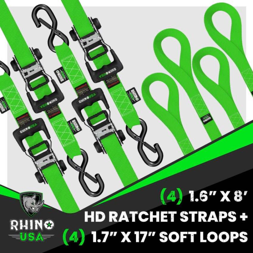 Rhino USA HDKIT-4PK-GRN Heavy Duty Ratchet Tie-Down 4-Pack (Green) 1.6In X 8Ft