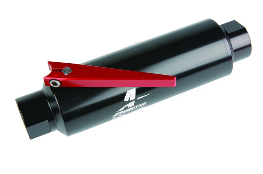Aeromotive 12331 In-Line AN-10 Filter w/Shutoff Valve 100 Micron SS Element - Black Anodize Finish