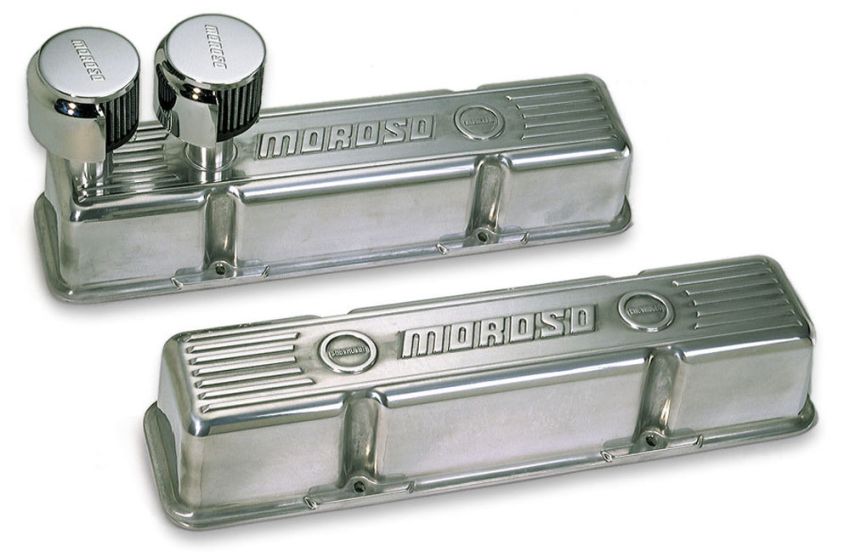 Moroso 68365 Chevrolet Small Block Valve Cover - 1 Cover w/2 Breathers at Front - Polished Aluminum - Pair