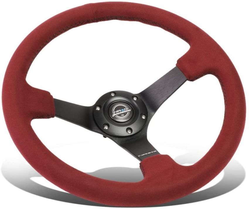 NRG RST-036MB-BUA Reinforced Steering Wheel (350mm/ 3in. Deep) Black Spoke/ Burgundy Alcantara w/ Black Stitch