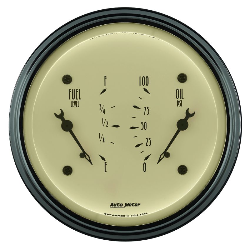 AutoMeter Gauge Dual Fuel & Oilp 3-3/8in. 0 Ohm(e) to 90 Ohm(f)& 100PSI Elec Antq Beige