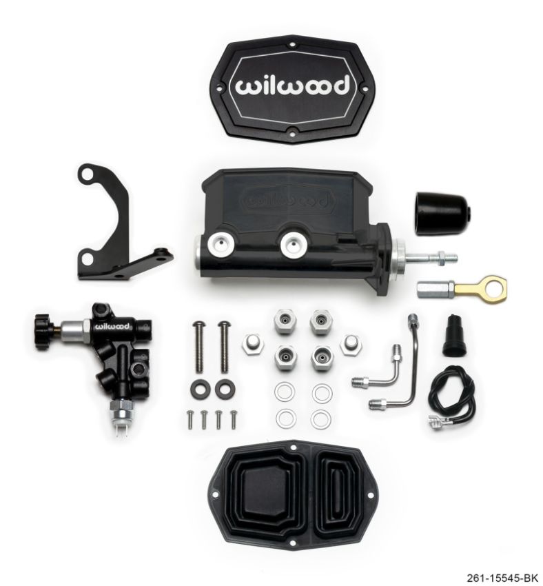 Wilwood 261-15545-BK Compact Tandem M/C - 1.12in Bore w/Bracket and Valve fits Mustang (Pushrod) - Black