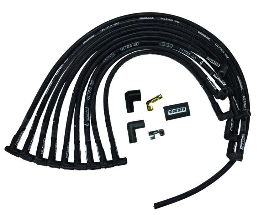 Moroso 73842 Chevrolet Small Block (w/Jesel) Ignition Wire Set - Ultra 40 - Sleeved - 90 Degree - Black