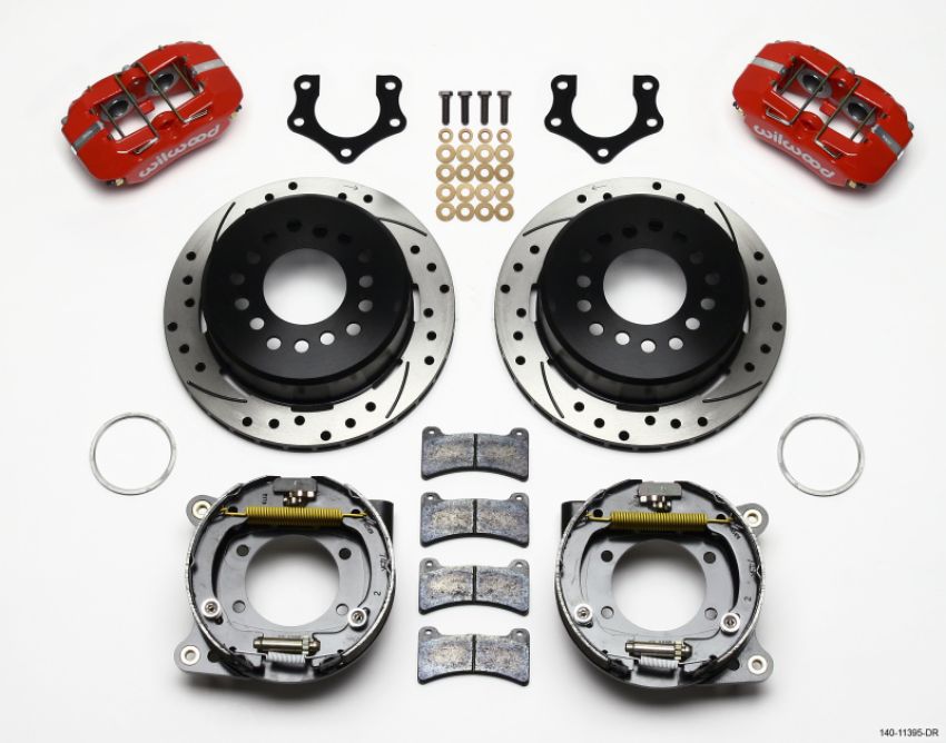 Wilwood 140-11395-DR Dynapro Low-Profile 11.00in P-Brake Kit Drill-Red Mopar/Dana 2.36in Off w/Snap Ring Brng