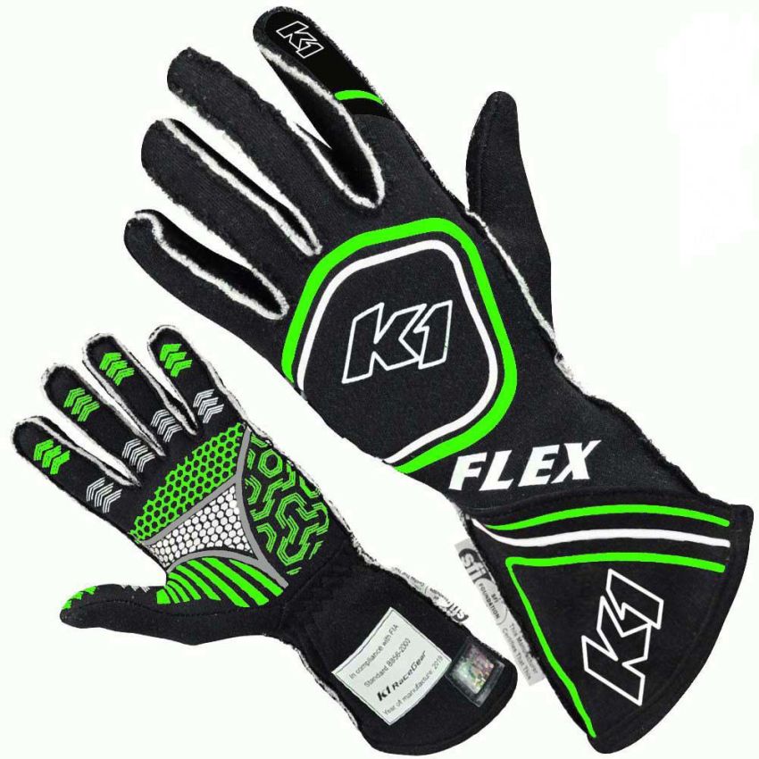 K1 RACEGEAR K1R23-FLX-NFV-XL Glove Flex X-Large Black / Flo Green SFI / FIA