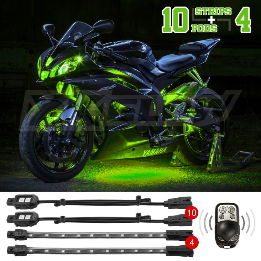 XKGLOW XK034002-G XK Glow Strips Single Color  LED Accent Light Motorcycle Kit Green - 10xPod + 4x8In
