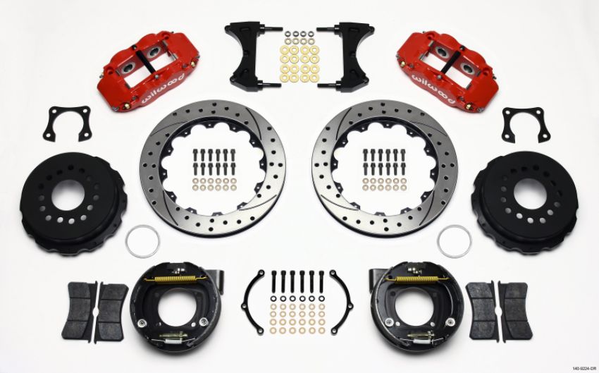 Wilwood 140-9224-DR Narrow Superlite 4R Rear P-Brk Kit 12.88in Drilled Red 58-64 Olds/Pontiac Ends 2.81in Offset