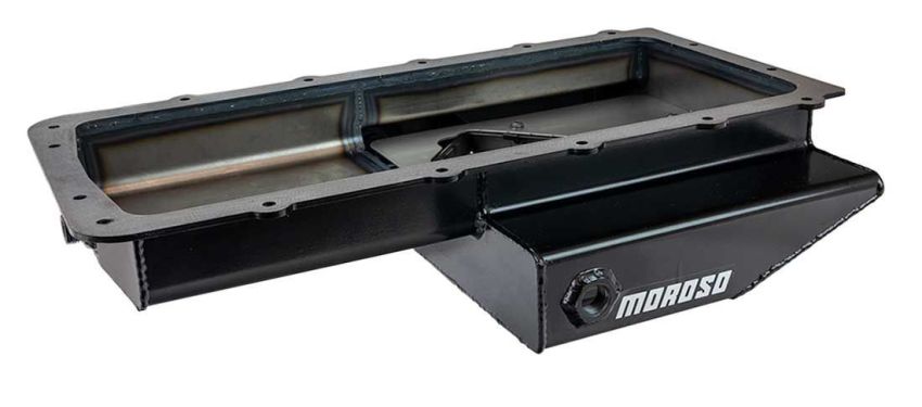 Moroso 20568 Ford 5.0L/5.2L Coyote Cobra Replica Road Race Baffled Rear T-Sump Steel Black Pc Oil Pan