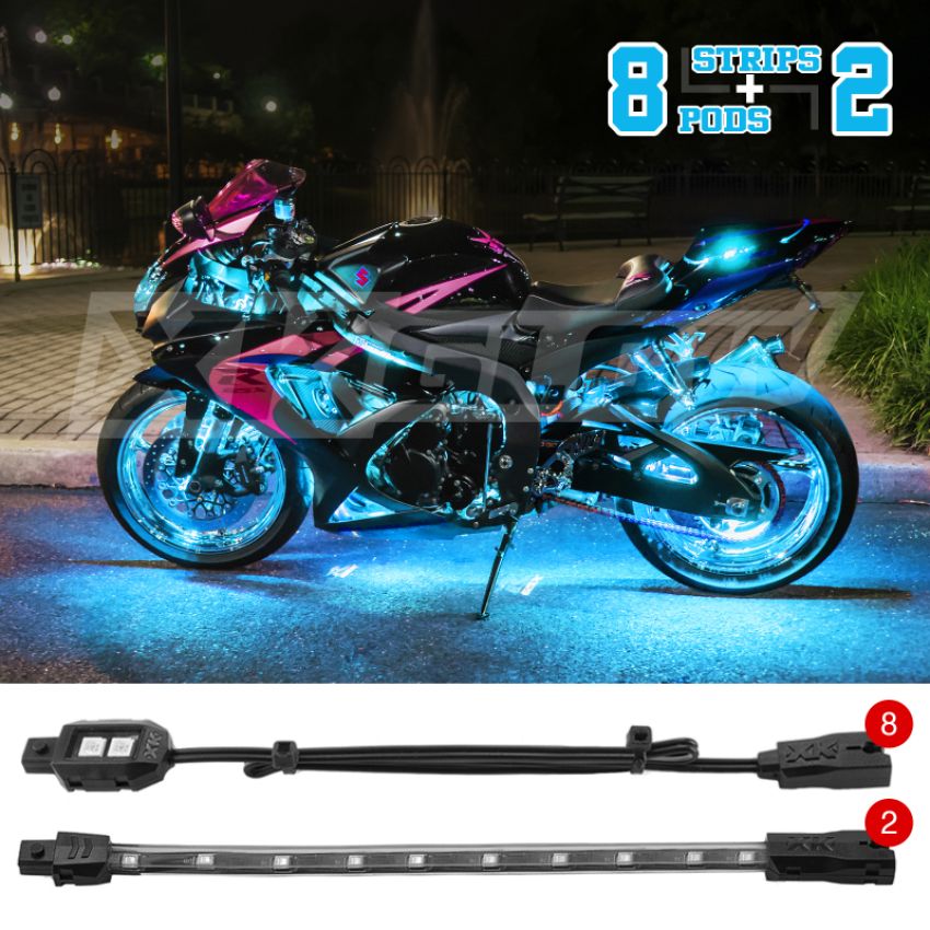 XKGLOW XK034001-AB XK Glow Strips Single Color  LED Accent Light Motorcycle Kit Light Blue - 8xPod + 2x8In