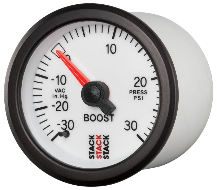 AutoMeter ST3162 Stack 52mm -30INHG to +30 PSI (Incl T-Fitting) Mechanical Boost Pressure Gauge - White