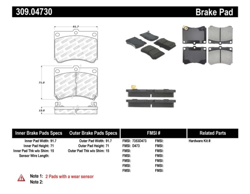 Stoptech 309.04730 Performance 91-03 Ford Escort ZX2 / 92-95 Mazda MX-3 Front Brake Pads