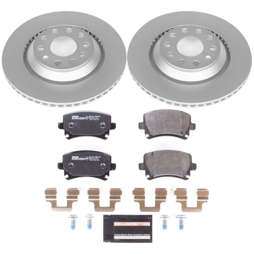 PowerStop ESK4628 Genuine Geomet Coated Rotors, ECE-R90 Brake Pads + Hardware Kit
