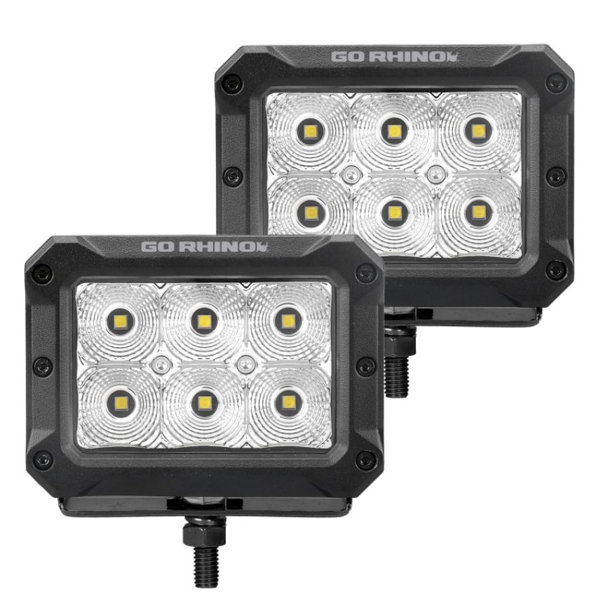Go Rhino 753003023FBS Xplor Bright Series Rectangle LED Flood Light Kit (Surface/Thread Std Mnt) 4x3 - Blk (Pair)