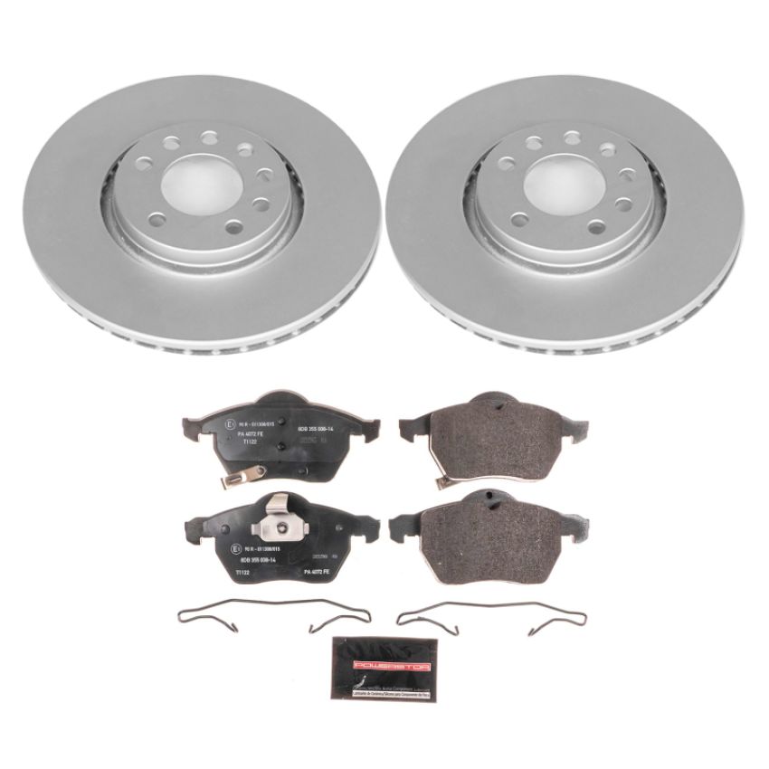 PowerStop ESK5218 Genuine Geomet Coated Rotors, ECE-R90 Brake Pads + Hardware Kit