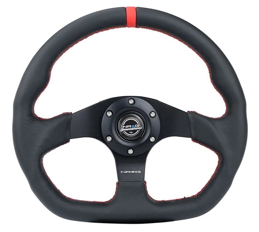 NRG RST-024MB-R-RD Reinforced Steering Wheel (320mm) Sport Leather Flat Bottom w/ Red Center Mark/ Red Stitching