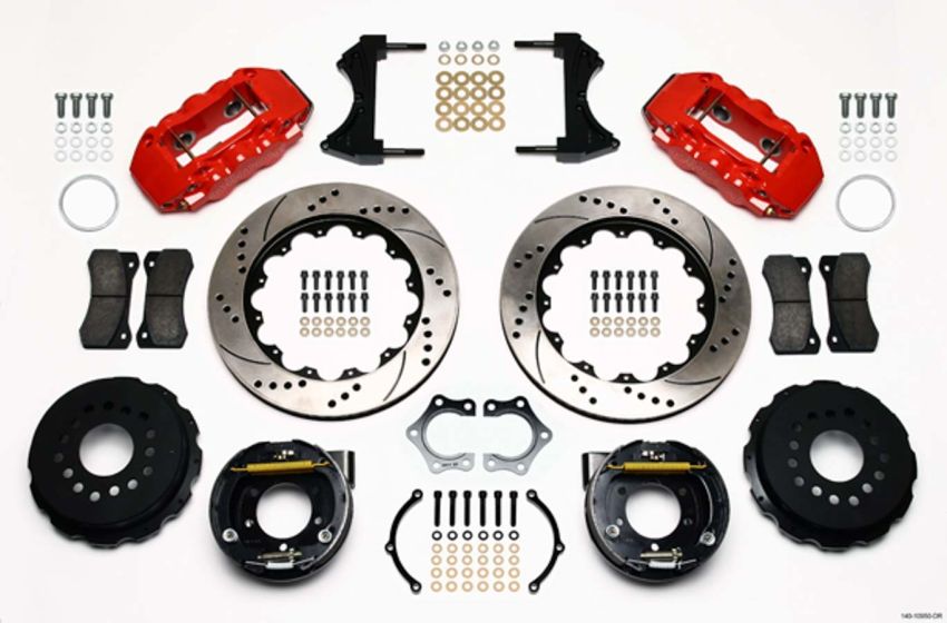 Wilwood 140-10950-DR AERO4 Rear P-Brake Kit 14.00in Drill Red 2005-2014 Mustang