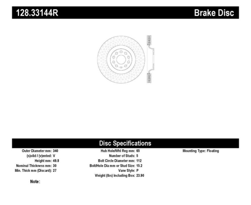 Stoptech 128.33144R Drilled Sport Brake Rotor