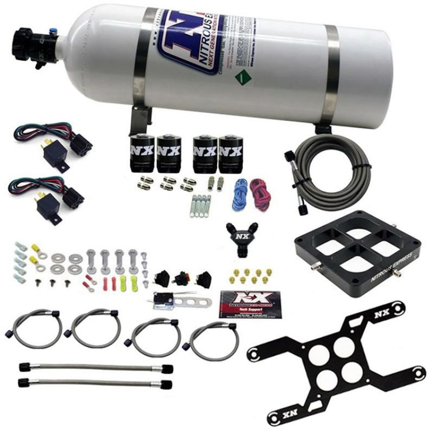 Nitrous Express 66047-15 DOMINATOR DUAL STAGE BILLET CROSSBAR, (50-300 & 100-500HP) WITH 15LB BOTTLE.