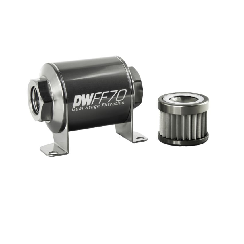 DeatschWerks Stainless Steel 8AN 10 Micron Universal Inline Fuel Filter Housing Kit (70mm)