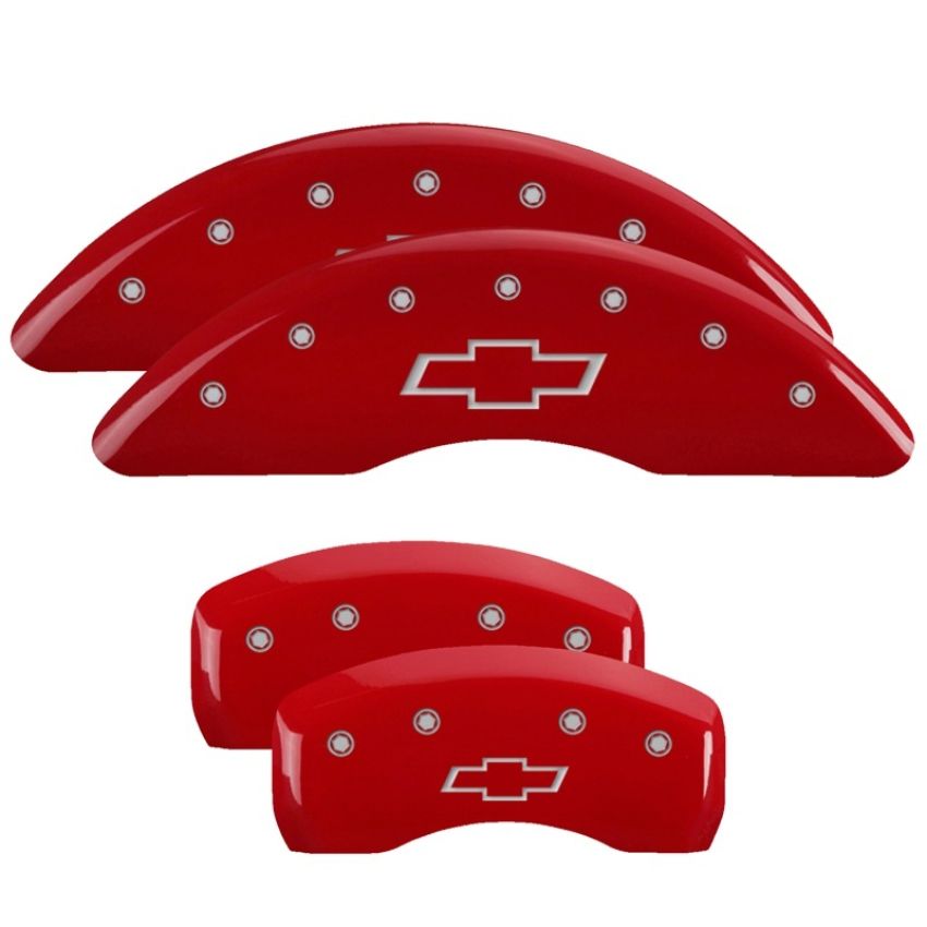 MGP 14214SBOWRD 4 Caliper Covers Engraved Front & Rear Bowtie Red finish silver ch