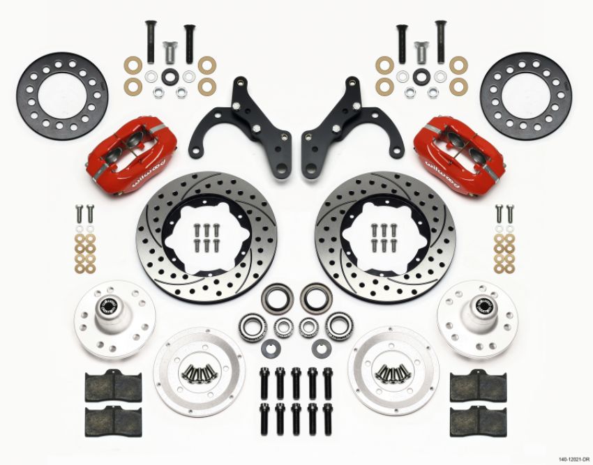 Wilwood 140-12021-DR Forged Dynalite Front Kit 11.00in Drill-Red 65-68 Chevy Impala -Drum Spindle