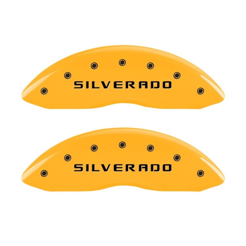 MGP Front set 2 Caliper Covers Engraved Front Silverado Yellow finish black ch