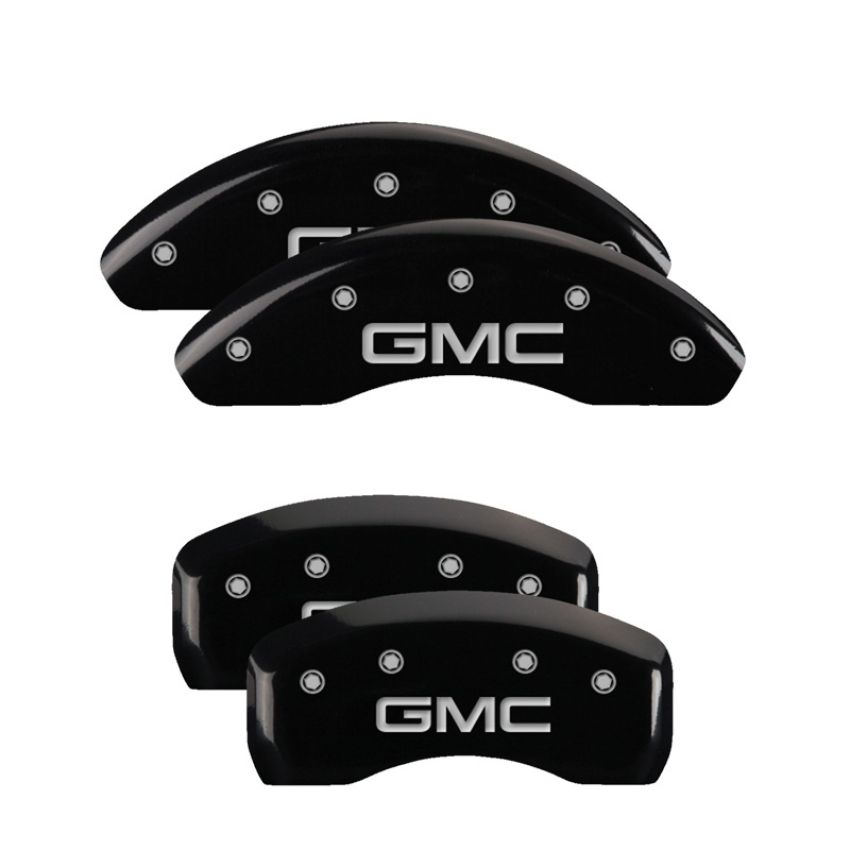 MGP 34002SGMCBK 4 Caliper Covers Engraved Front & Rear GMC Black finish silver ch