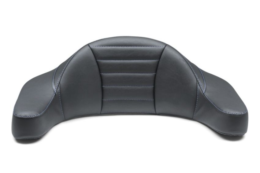 Mustang Motorcycle 79013SB Mustang 93-13 HD FL Super Touring Extended Arm Wrap-Around Backrest Deluxe - Black w/Blue Stitching