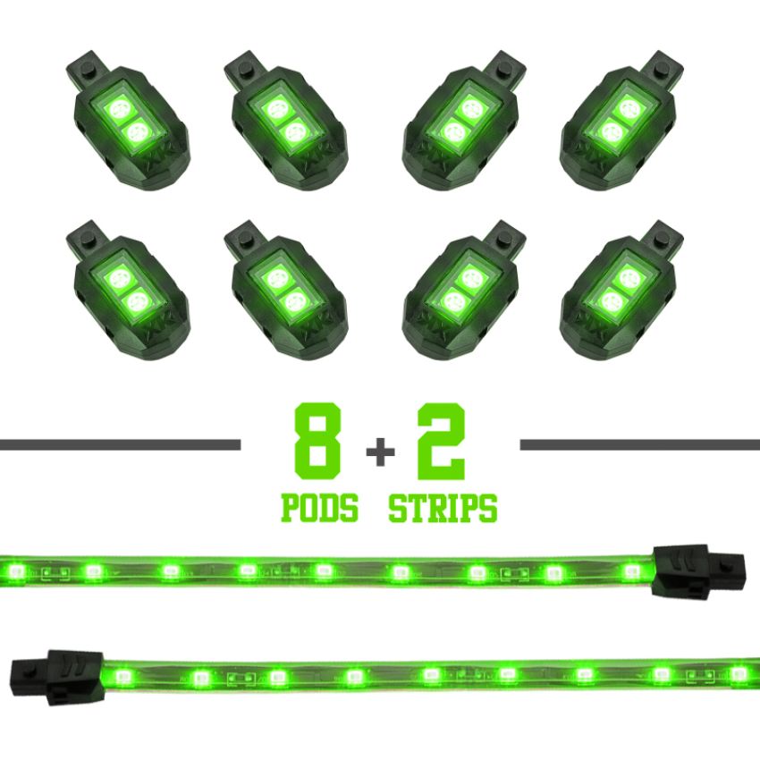 XKGLOW XK034001-G XK Glow Strips Single Color  LED Accent Light Motorcycle Kit Green - 8xPod + 2x8In