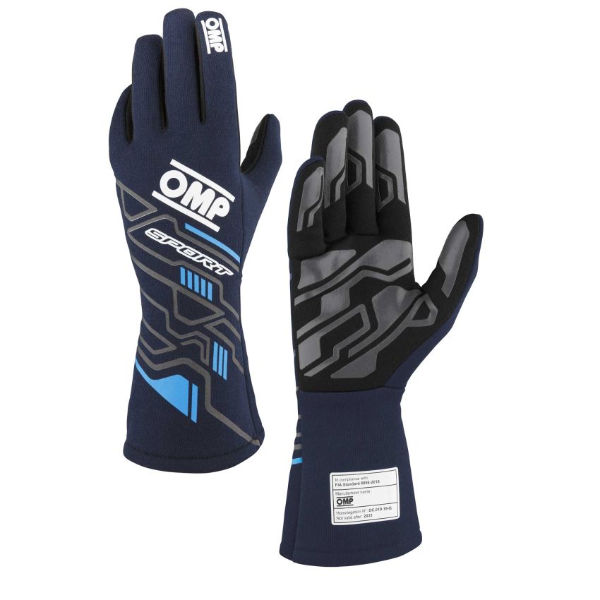 OMP IB0-0777-A01-244-XL Sport Gloves FIA 8856-2018 Navy Blue / Cyan - XL