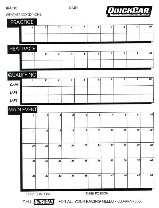 QUICKCAR RACING PRODUCTS QRP51-230 Time Organizer Sheets 50 Lap