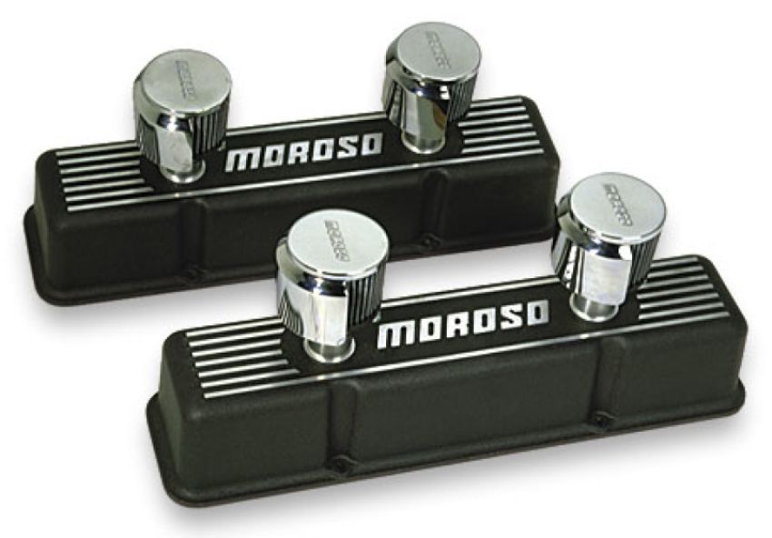 Moroso 68381 Chevrolet Small Block Valve Cover - 2 Covers w/2 Breathers - Black Finished Aluminum - Pair