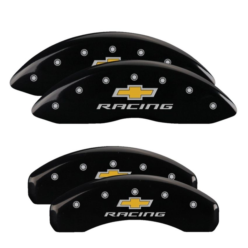 MGP 14033SBRCBK 4 Caliper Covers Engraved Front & Rear Chevy racing Black finish silver ch