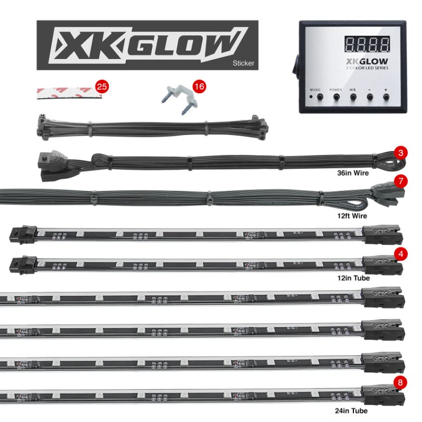XKGLOW XK041007 XK Glow 3 Million Color  LED Accent Light Car/Truck Kit 8x24In + 4x12In Tubes