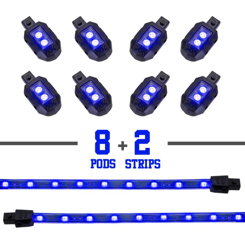 XKGLOW XK034001-B XK Glow Single Color  LED Accent Light Motorcycle Kit Blue - 8xPod + 2x8InStrips