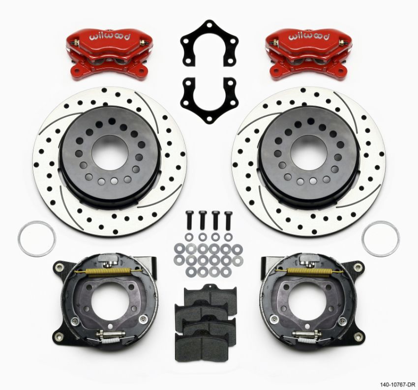 Wilwood 140-10767-DR Forged Dynalite P/S Park Brake Kit Drilled Red Mopar/Dana 2.50in Off w/Snap Ring Brng