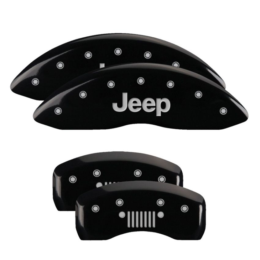 MGP 42003SJPLBK 4 Caliper Covers Engraved Front JEEP Engraved Rear JEEP Grill logo Black finish silver ch